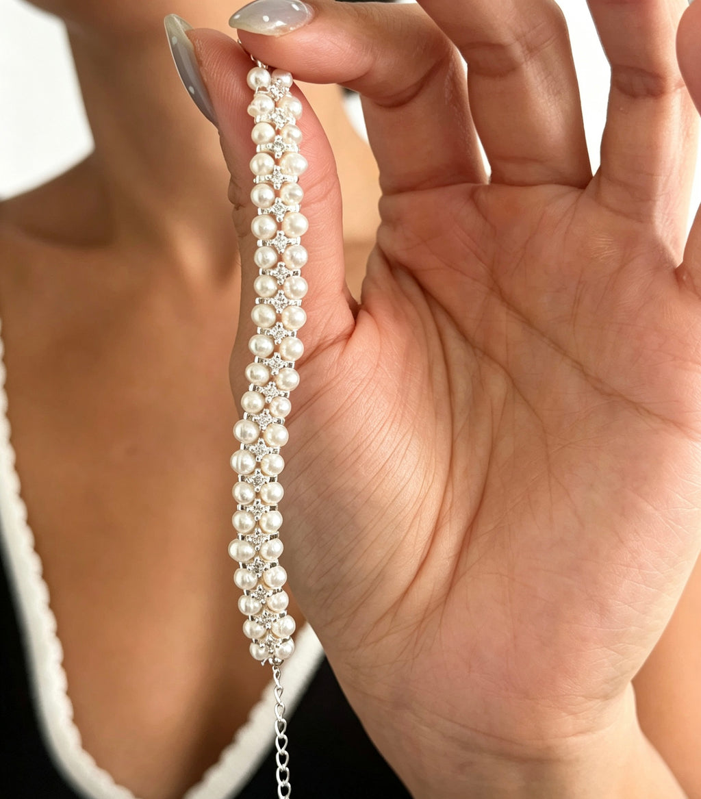 CZ Double Strand Pearl Bracelet | 4mm Freshwater Pearls, Silver