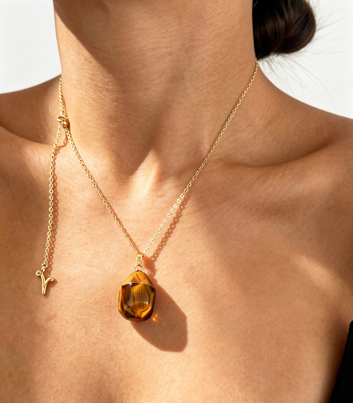 14K Gold Plated Natural Tiger's Eye Pendant Necklace | Handmade