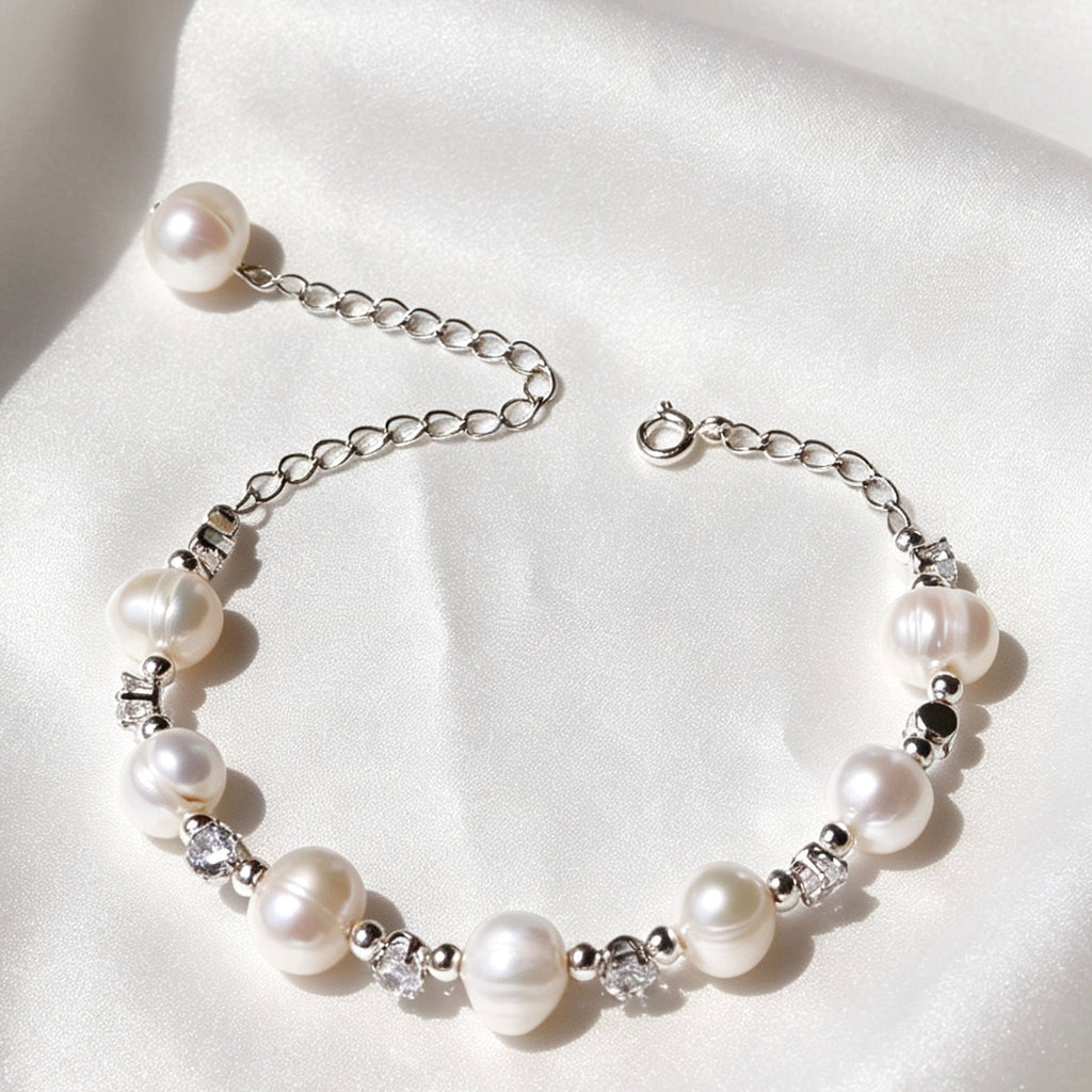 Pulsera de perlas | Perlas de agua dulce de 8 mm y detalles de circonita, plata