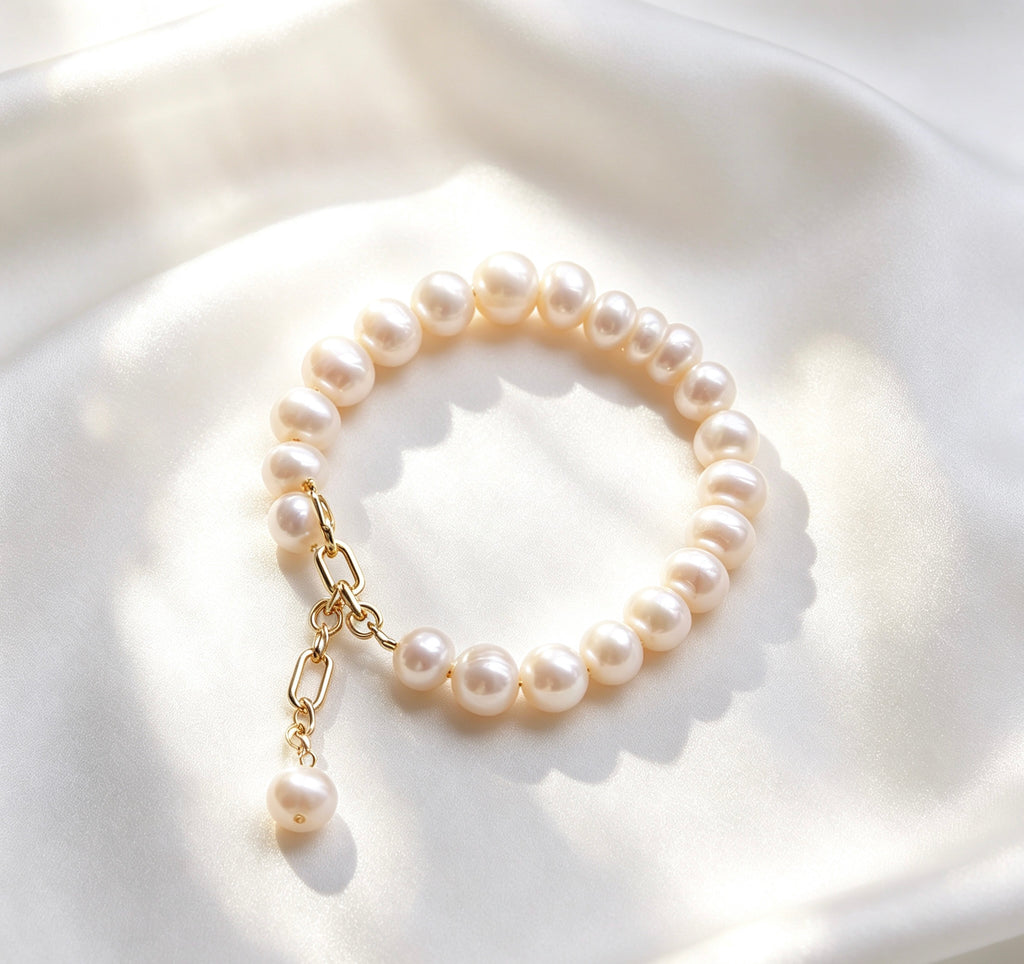 Pearl Bracelet | 8mm Natural Freshwater Pearls, 14K Gold Plated