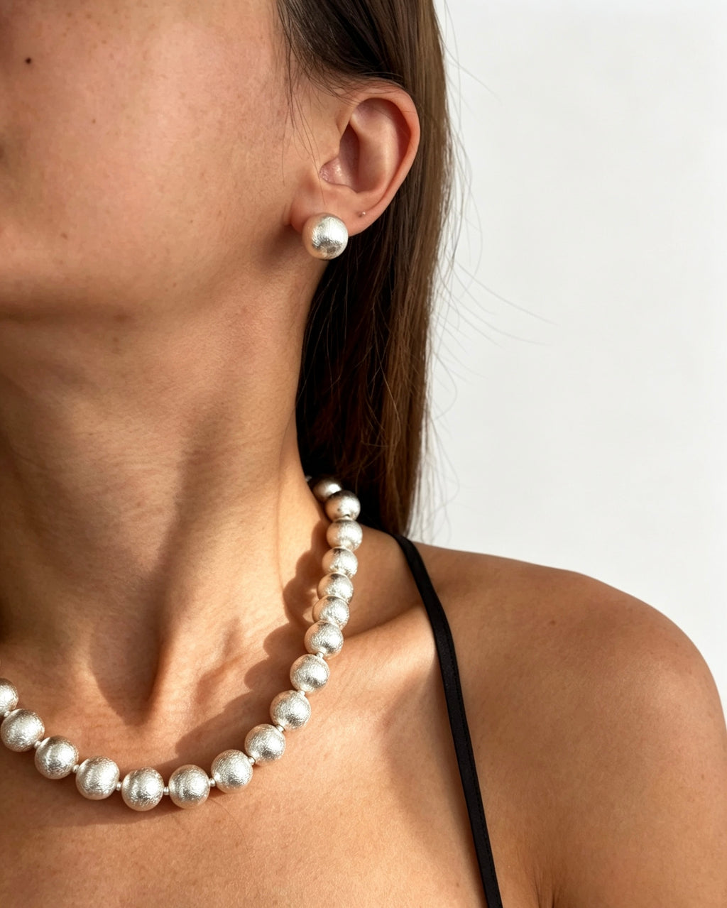 Silver Brushed 12mm Bead Necklace | Copper Plated