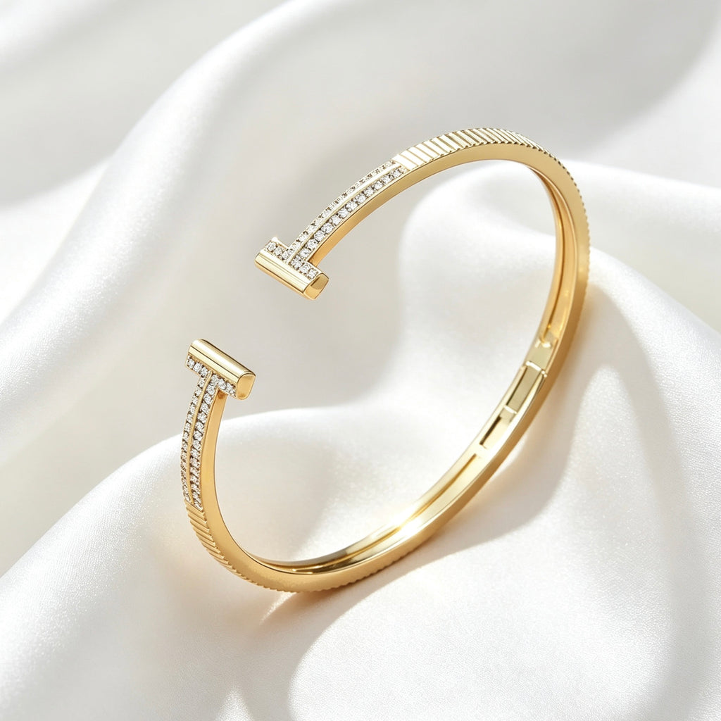 14K Gold Plated Double T Pave Zircon Bangle | Hinged Cuff