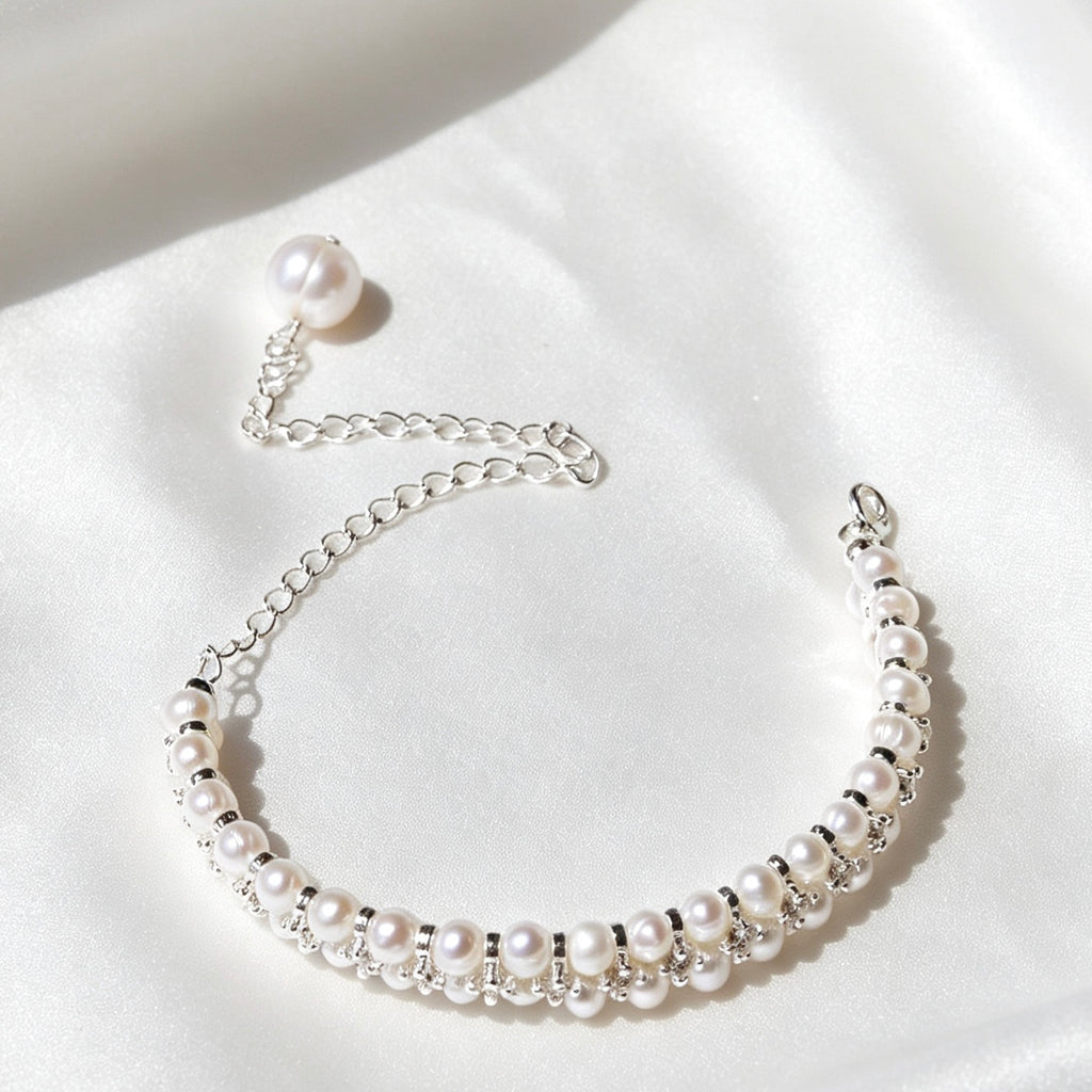 CZ Double Strand Pearl Bracelet | 4mm Freshwater Pearls, Silver