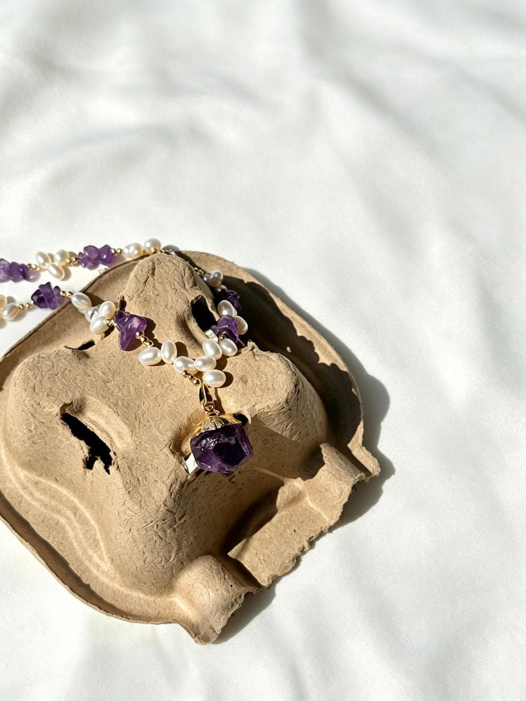 14K Gold Plated Raw Amethyst &amp; Freshwater Pearl Necklace | Handmade