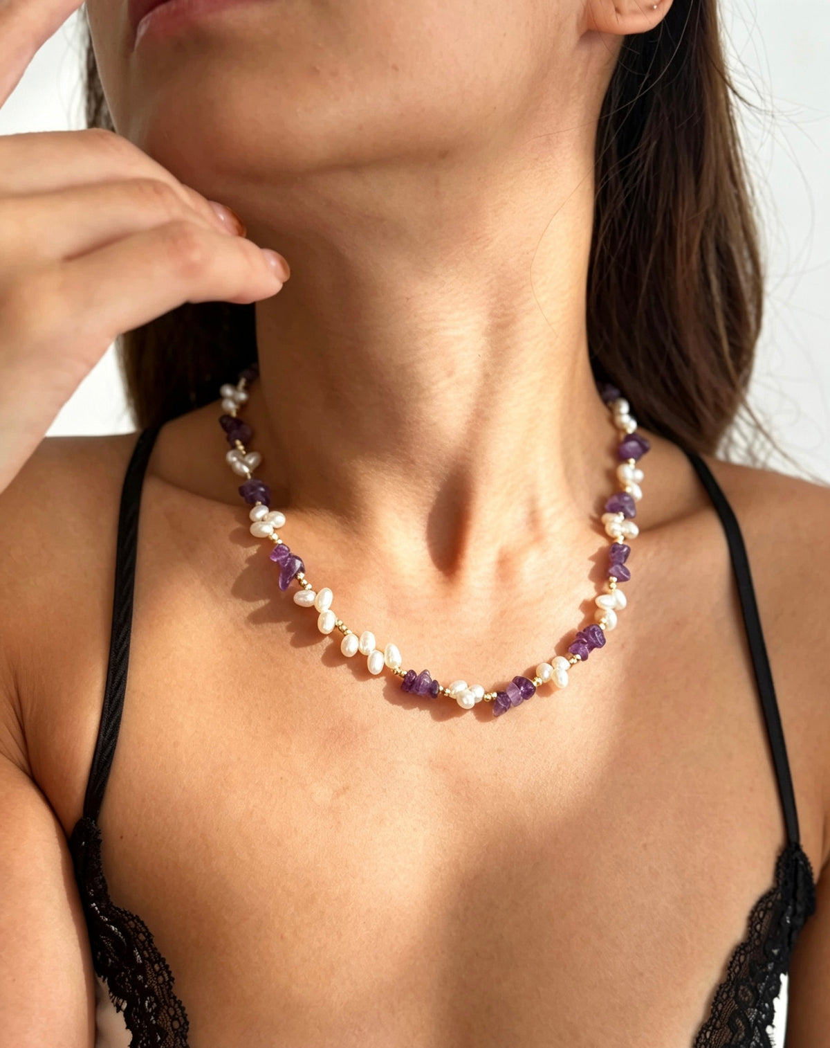 14K Gold Plated Raw Amethyst & Freshwater Pearl Necklace | Handmade