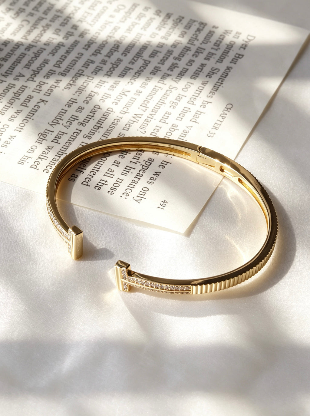 14K Gold Plated Double T Pave Zircon Bangle | Hinged Cuff