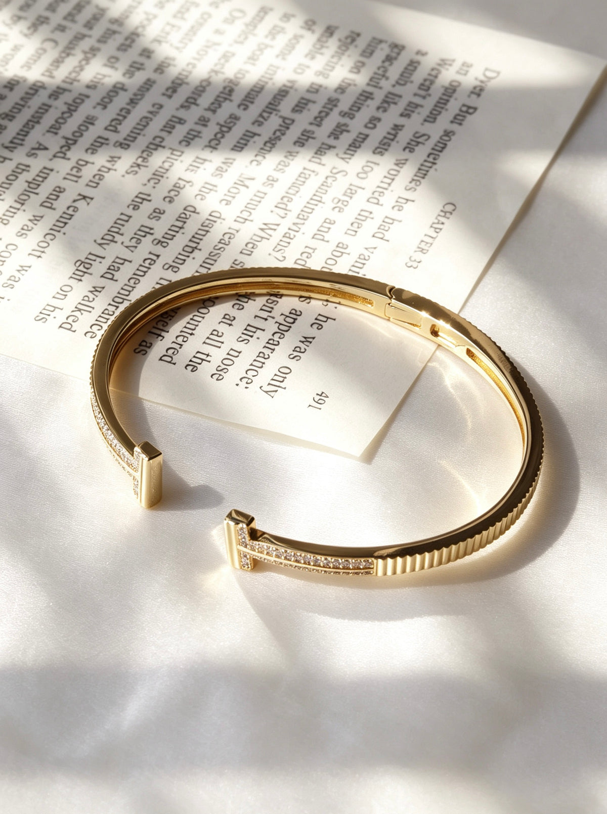 14K Gold Plated Double T Pave Zircon Bangle | Hinged Cuff
