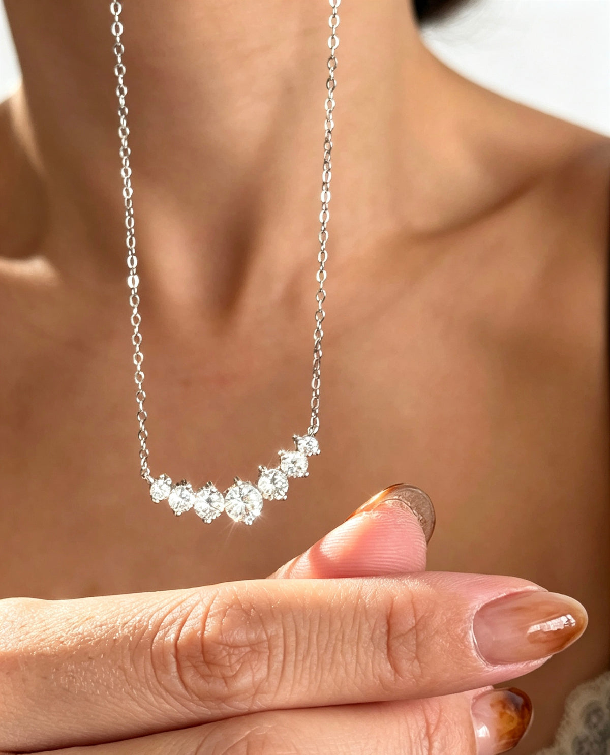 S925 White Gold Plated Curved Zircon Necklace | Sterling Silver