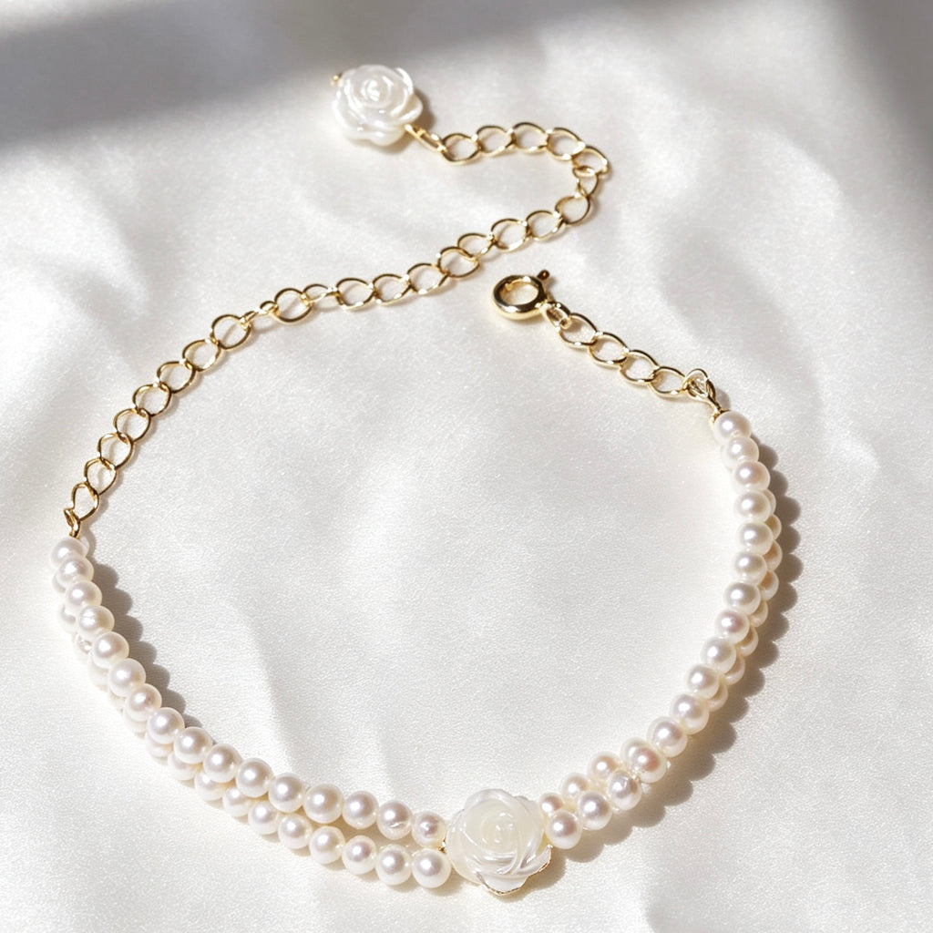 Pulsera de perlas rosas | Perlas de agua dulce de 4 mm, chapado en oro de 14 K