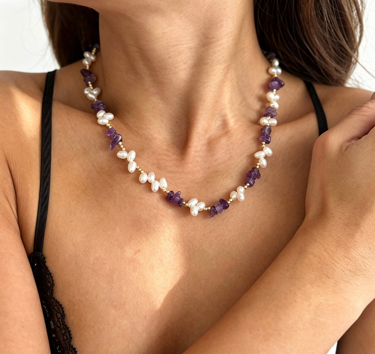 14K Gold Plated Raw Amethyst & Freshwater Pearl Necklace | Handmade