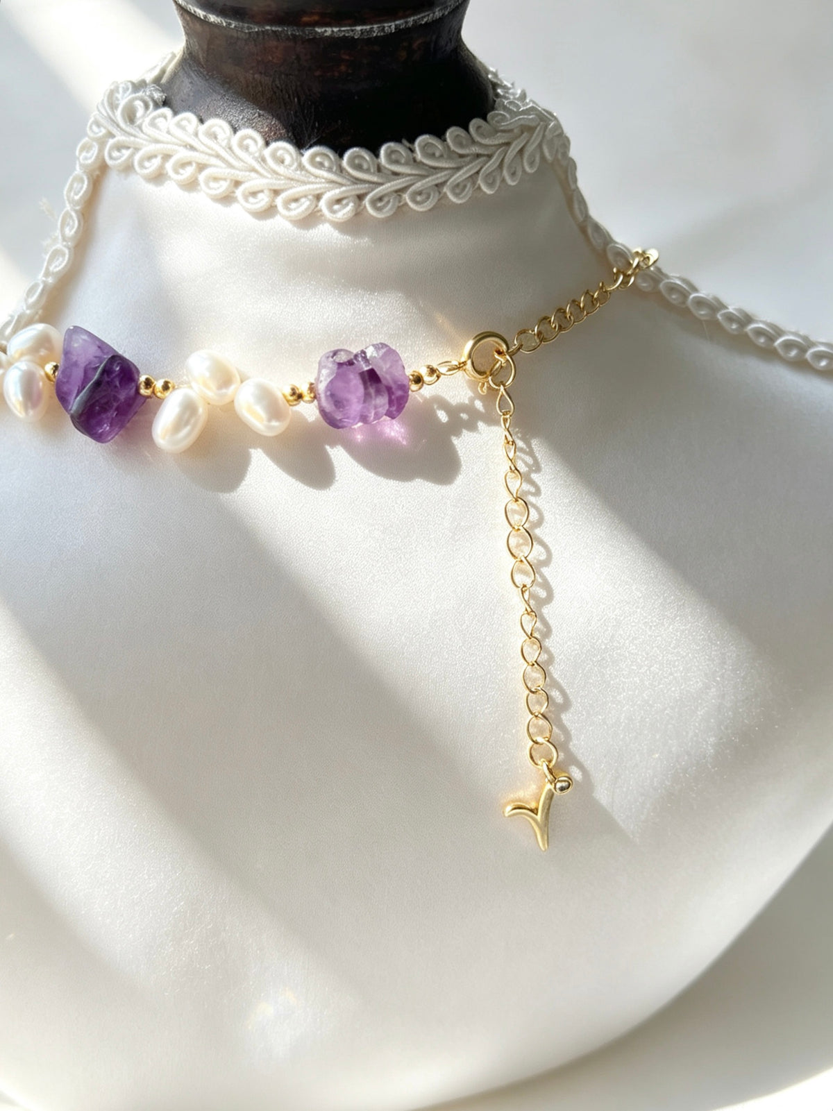 14K Gold Plated Raw Amethyst & Freshwater Pearl Necklace | Handmade