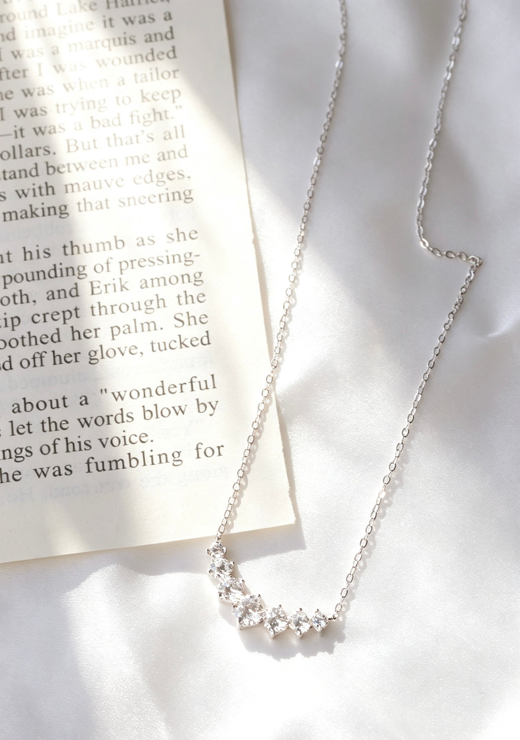 S925 White Gold Plated Curved Zircon Necklace | Sterling Silver