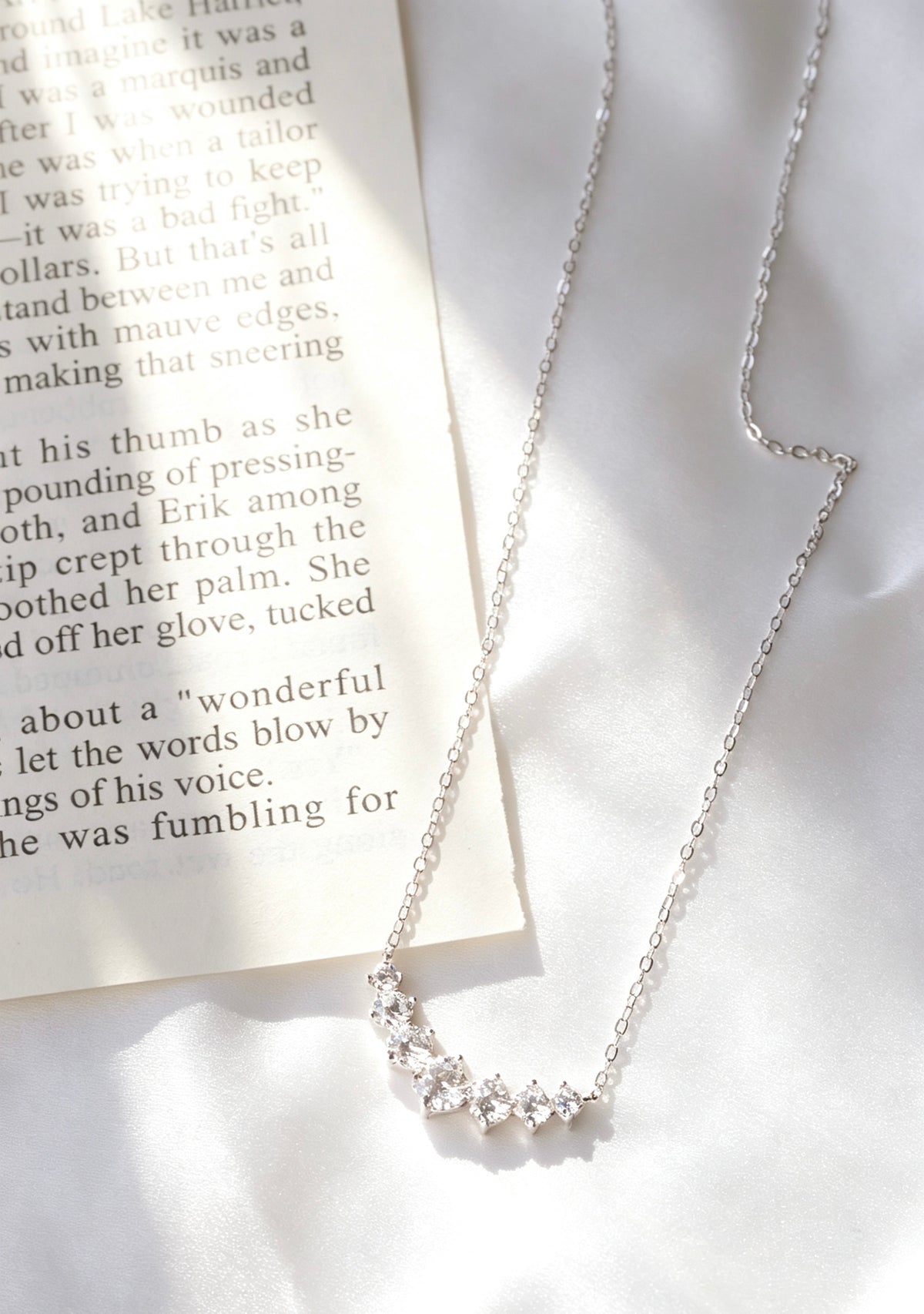 S925 White Gold Plated Curved Zircon Necklace | Sterling Silver