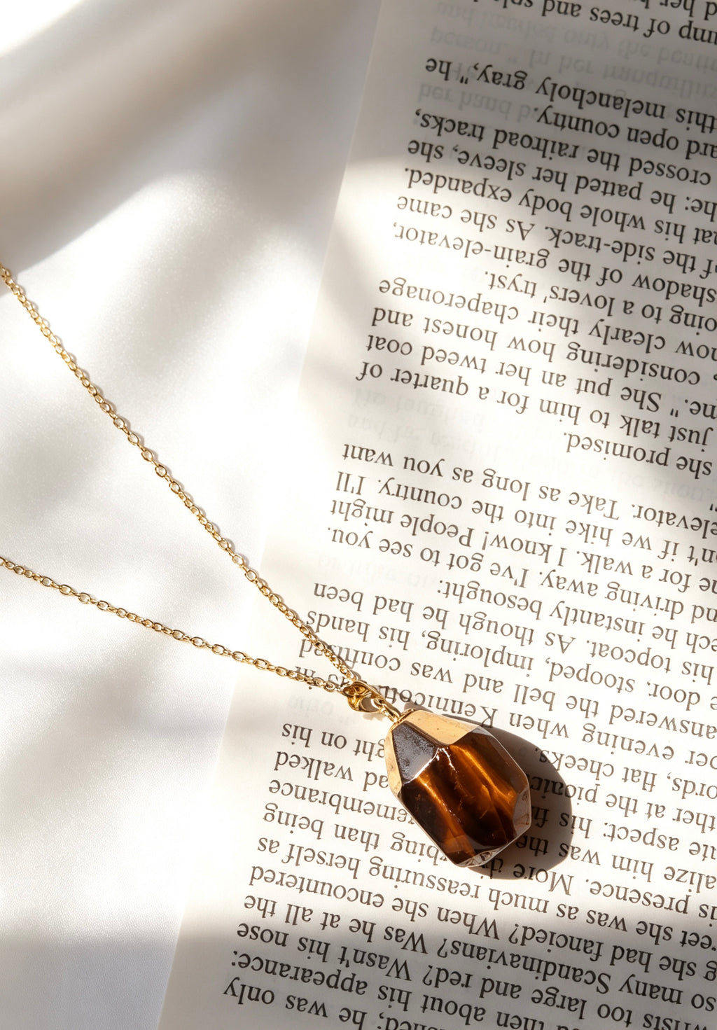 14K Gold Plated Natural Tiger's Eye Pendant Necklace | Handmade