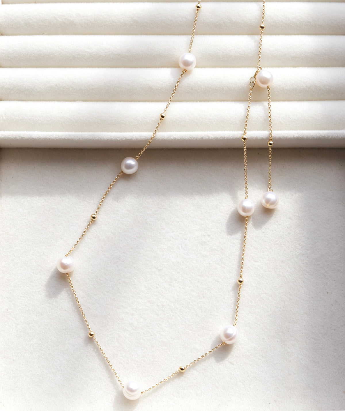 Dainty Pearl Station Necklace | 8mm Freshwater Pearls & 14K Gold Accents
