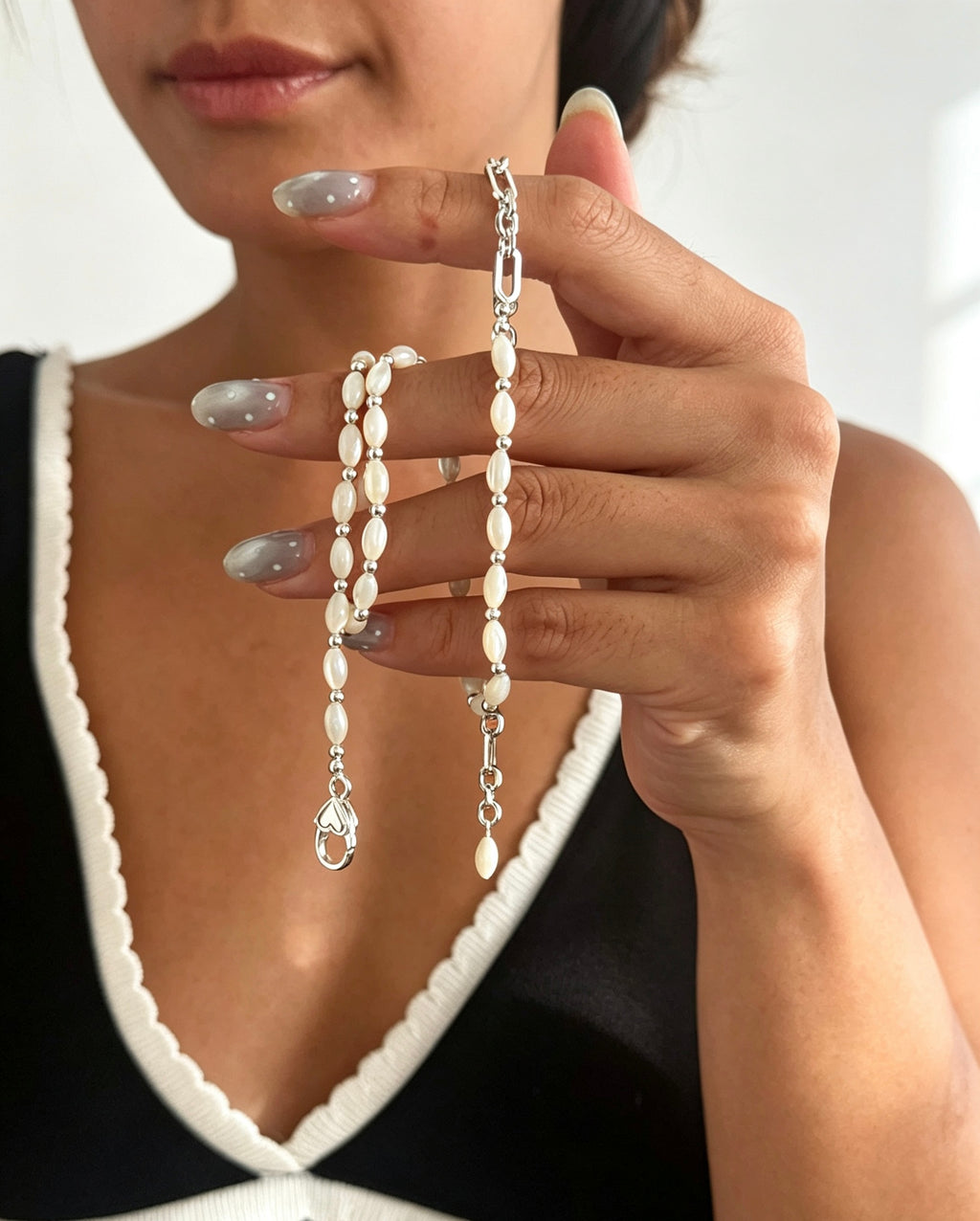 Collar de perlas de concha | Cuentas de concha natural de 4 mm, plata