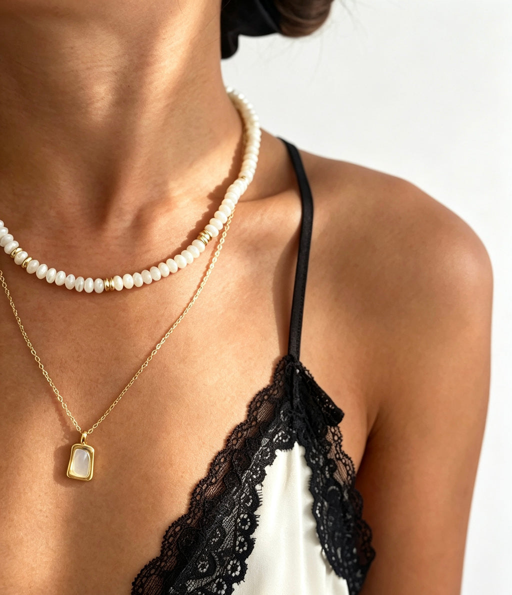 14K Gold Plated Mother of Pearl Square Pendant Necklace | Handmade