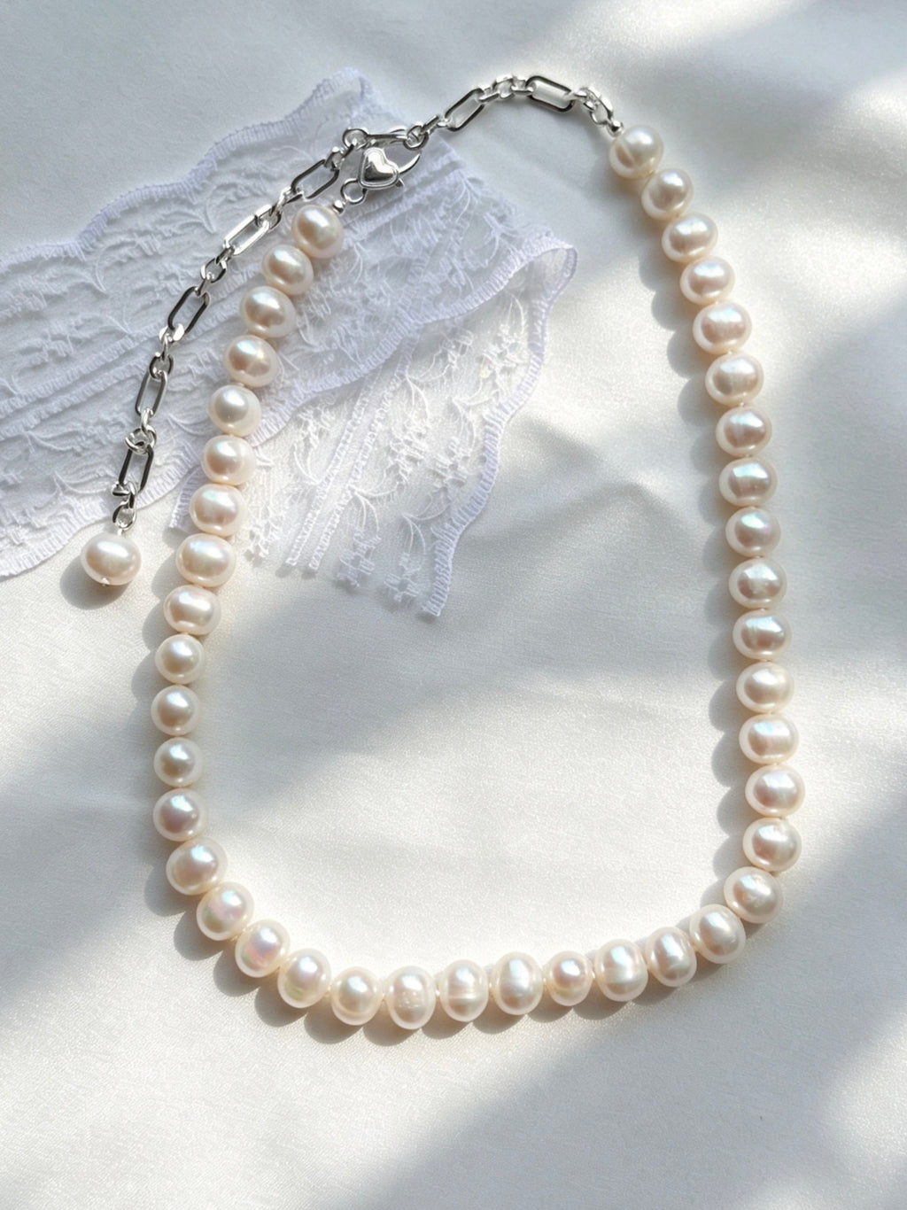 Collar de perlas luminosas | Perlas naturales de 10 mm, plata