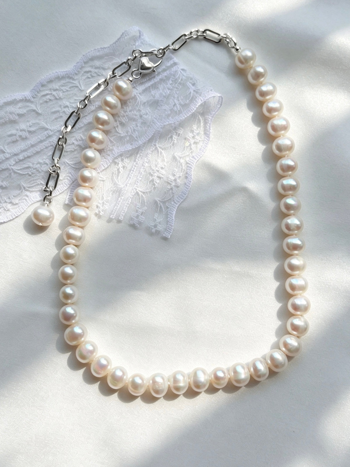 Luminous Pearl Necklace | 10mm Natural Pearls, Silver