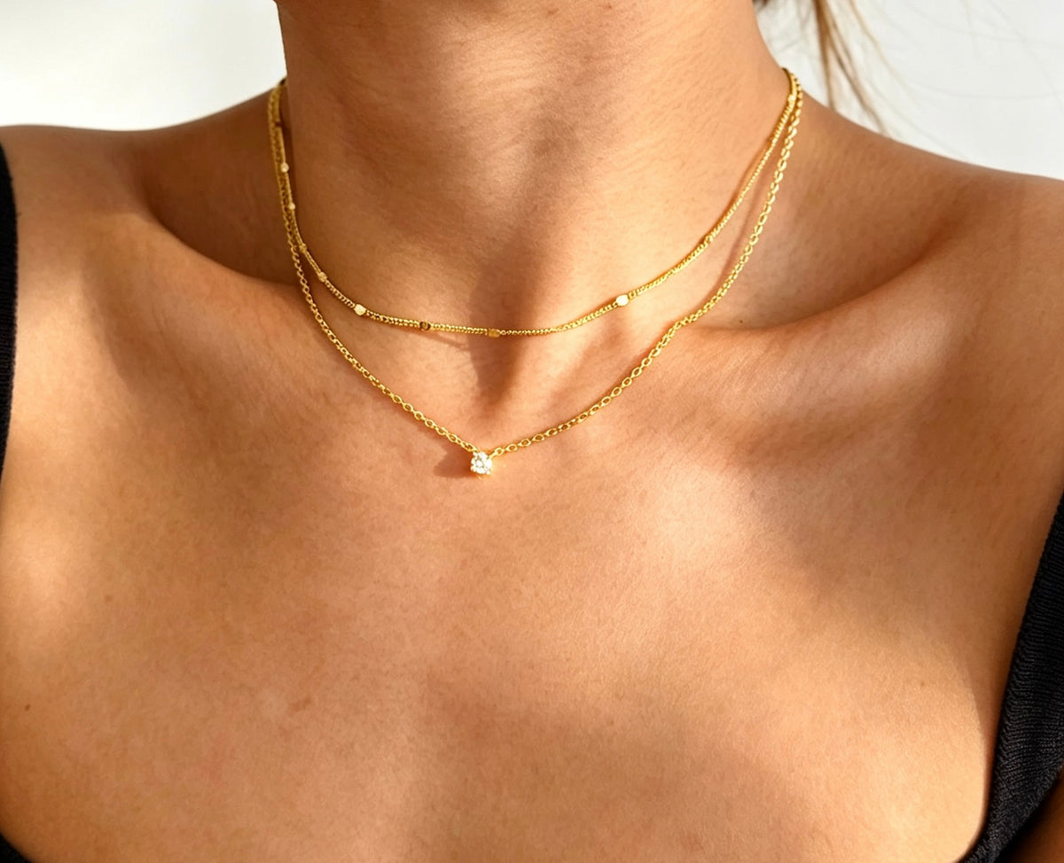 Set de collares en capas de circonita cúbica bañados en oro de 14K | Diseño minimalista