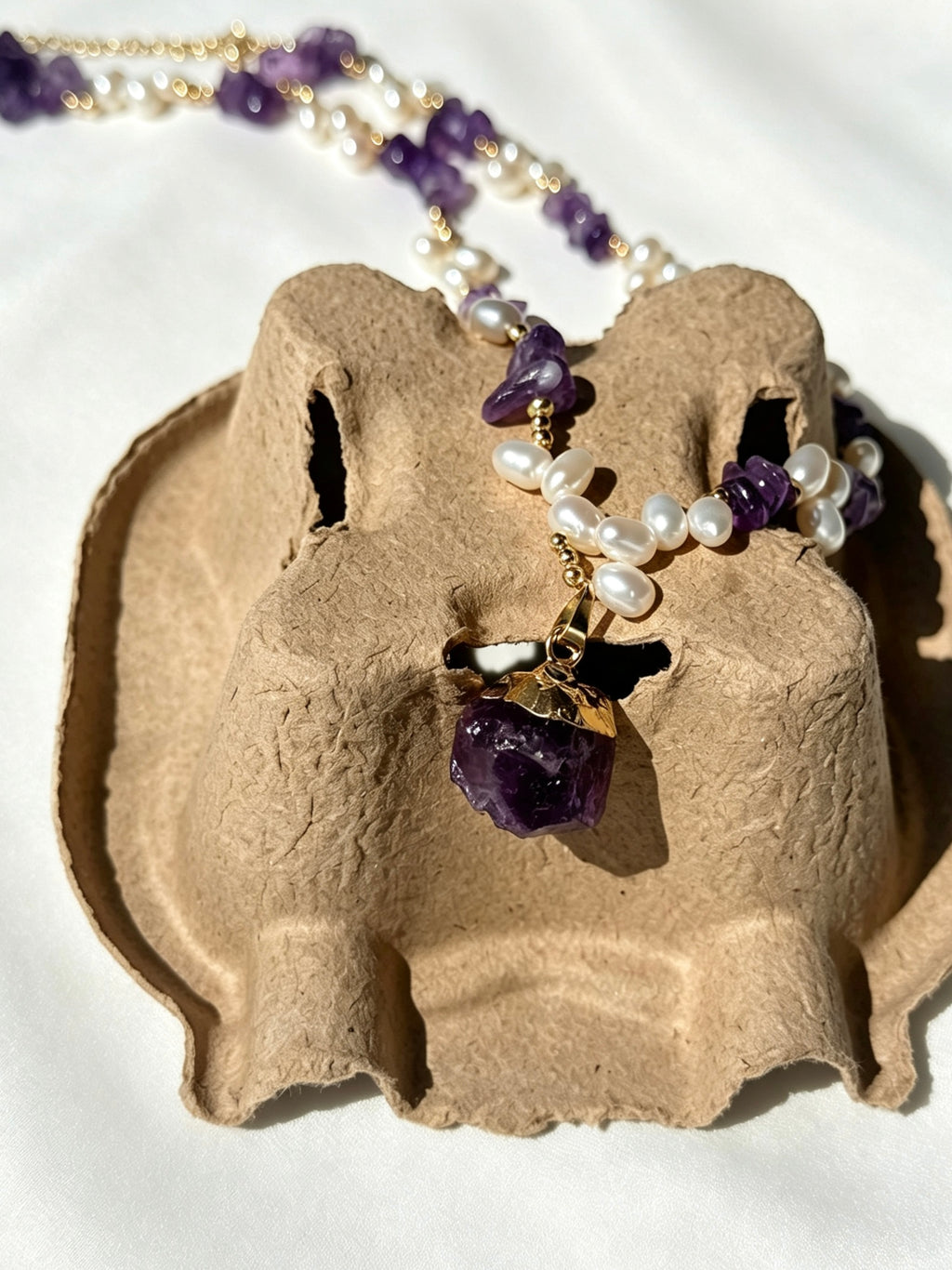 14K Gold Plated Raw Amethyst &amp; Freshwater Pearl Necklace | Handmade