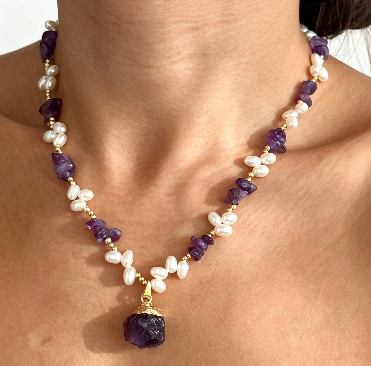 14K Gold Plated Raw Amethyst &amp; Freshwater Pearl Necklace | Handmade