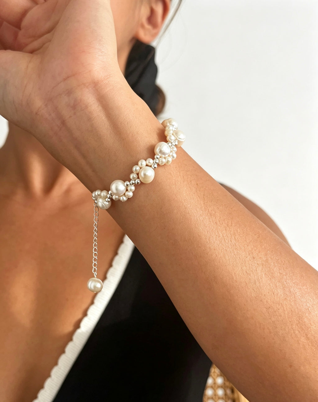 Pulsera de perlas de encaje | Perlas de agua dulce de 4 mm y 8 mm, plata