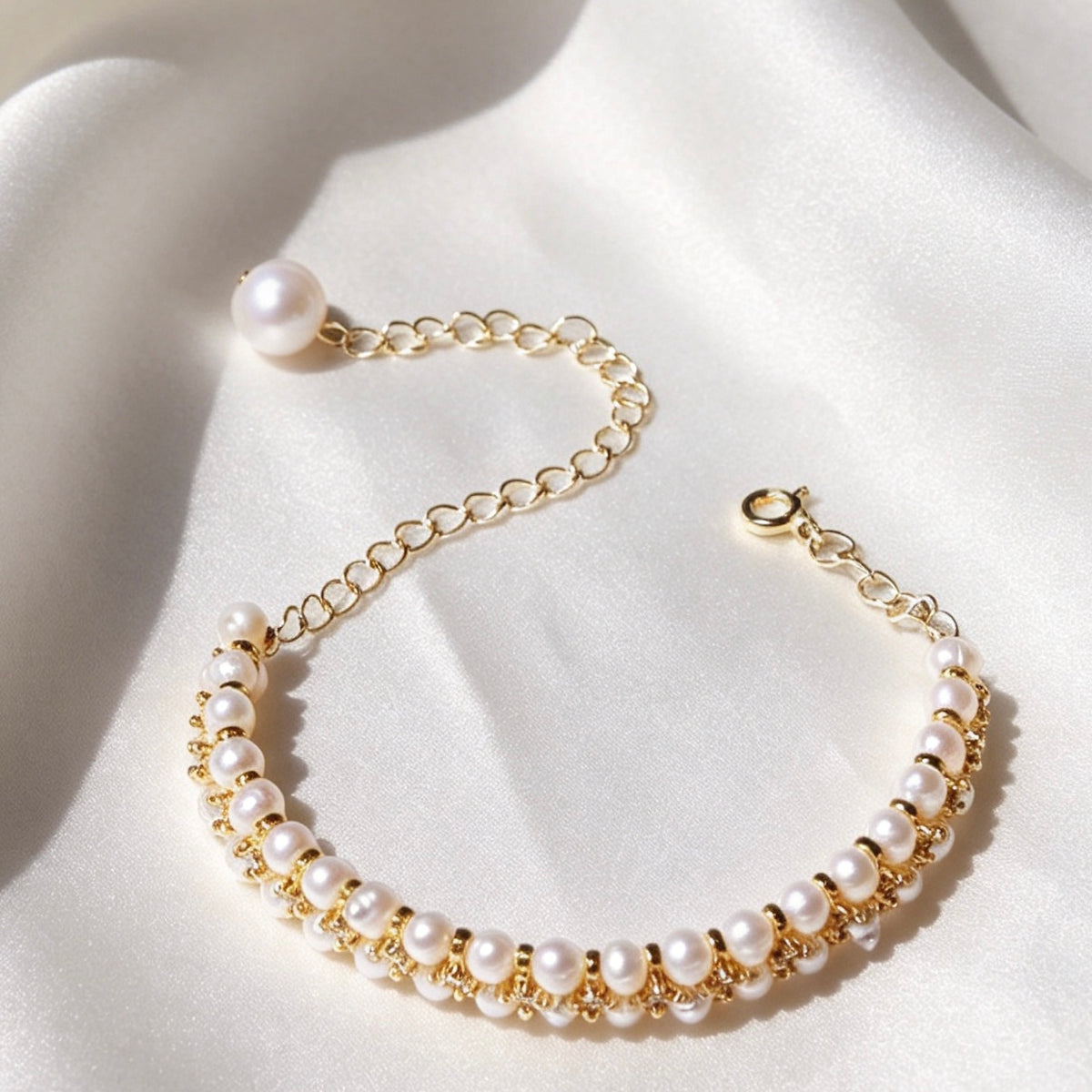 Pulsera de perlas de agua dulce con circonitas | Baño de oro de 14K, hecha a mano