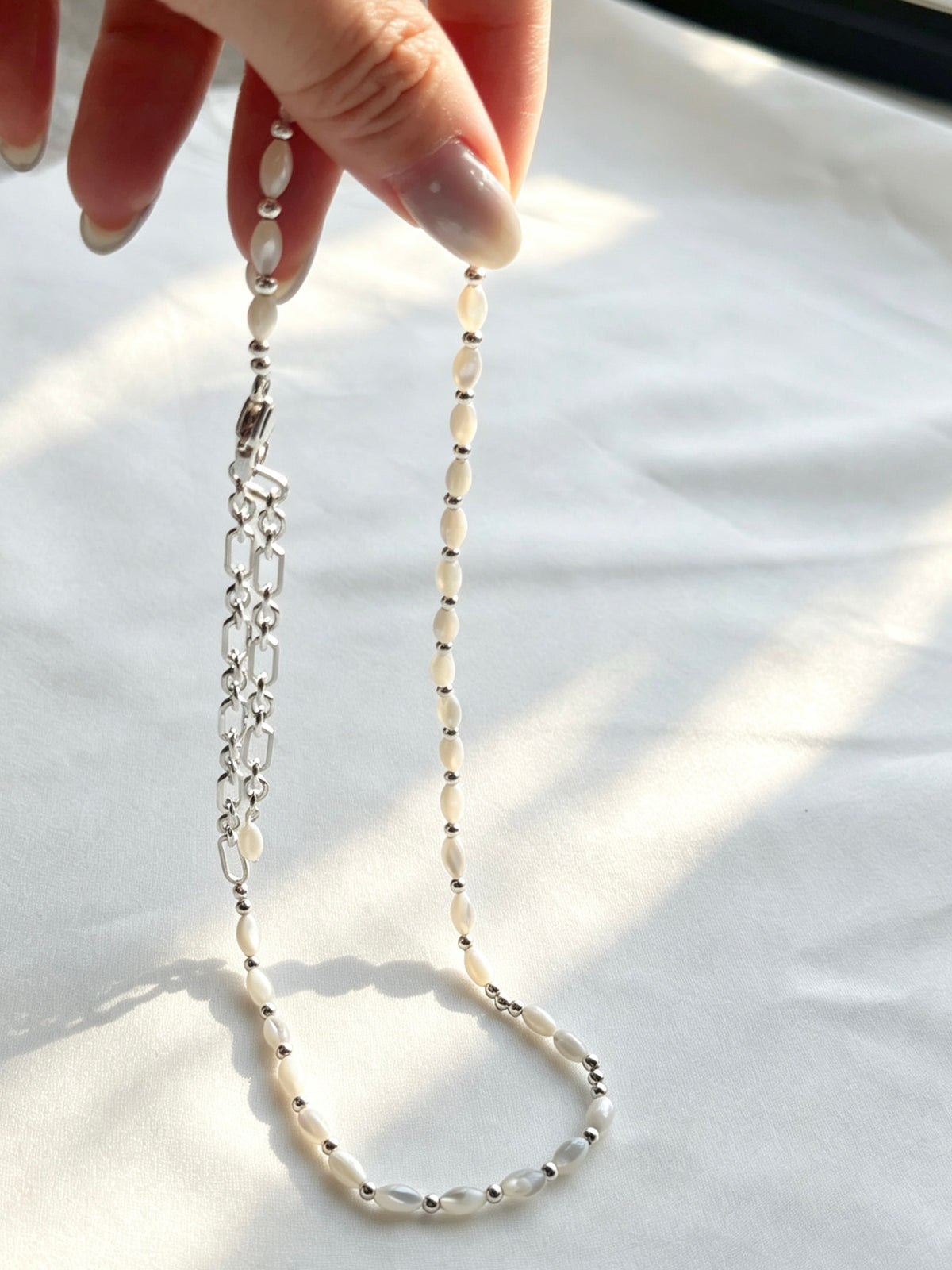 Shell Pearl Necklace | 4mm Natural Shell Beads, Silver