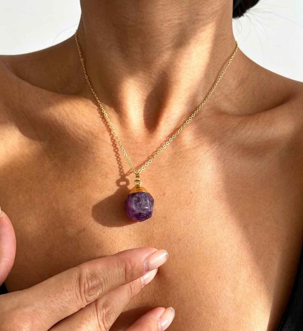 14K Gold Plated Natural Amethyst Pendant Necklace | Handmade