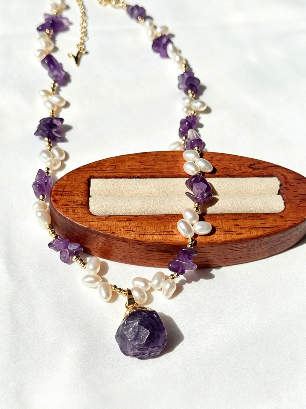 14K Gold Plated Raw Amethyst &amp; Freshwater Pearl Necklace | Handmade