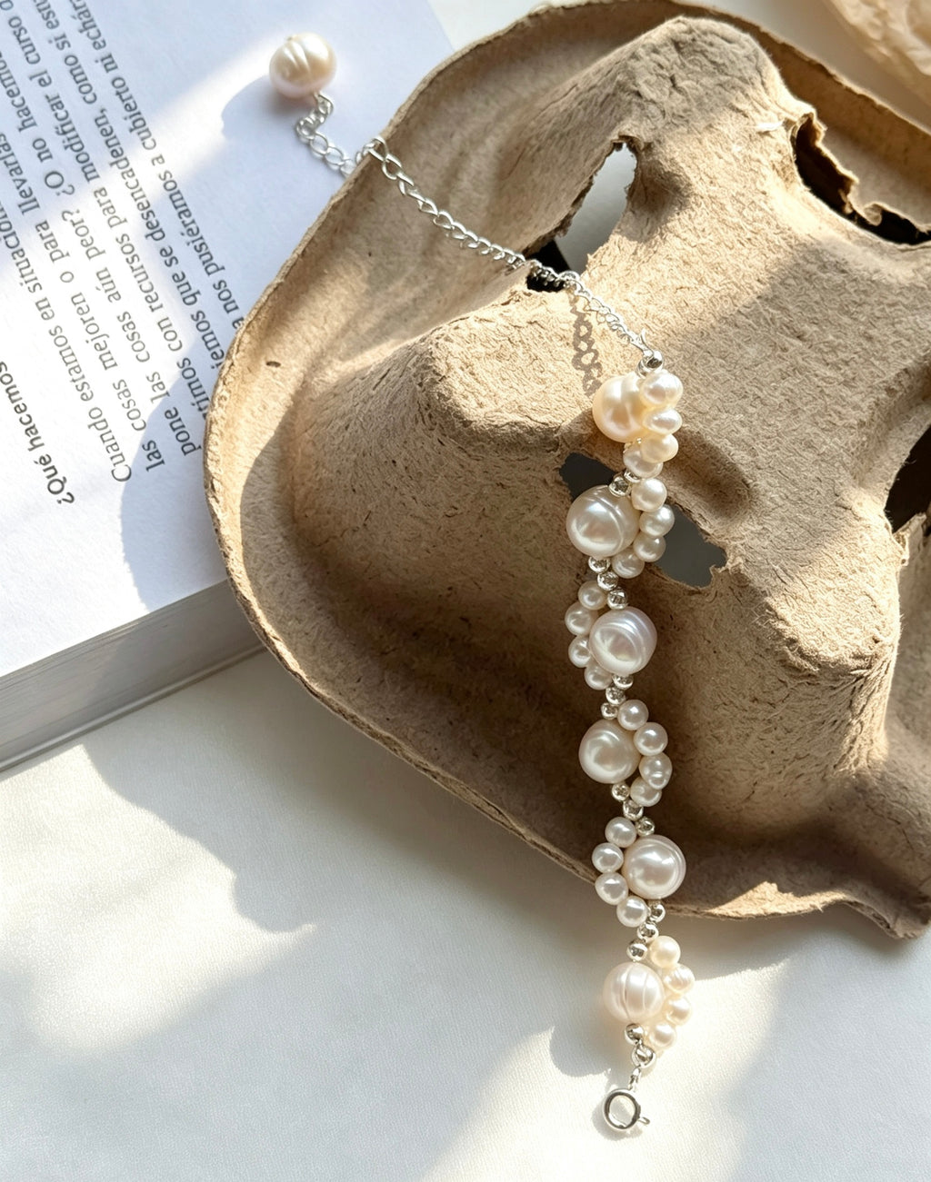 Pulsera de perlas de encaje | Perlas de agua dulce de 4 mm y 8 mm, plata