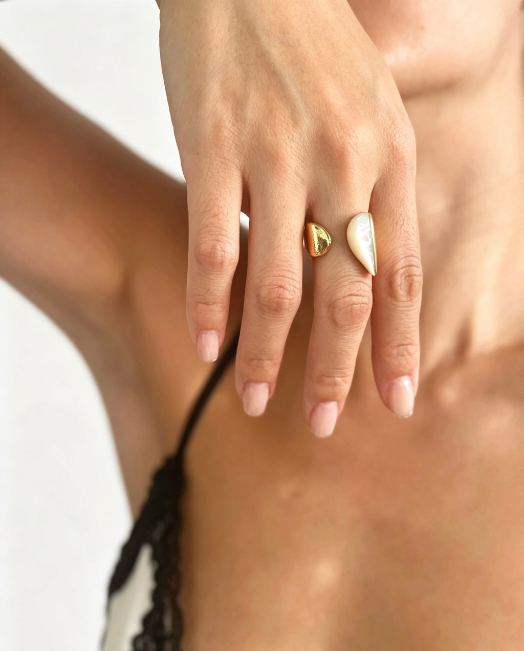 14K Gold Plated Mother of Pearl Open Ring | Sculptural Design