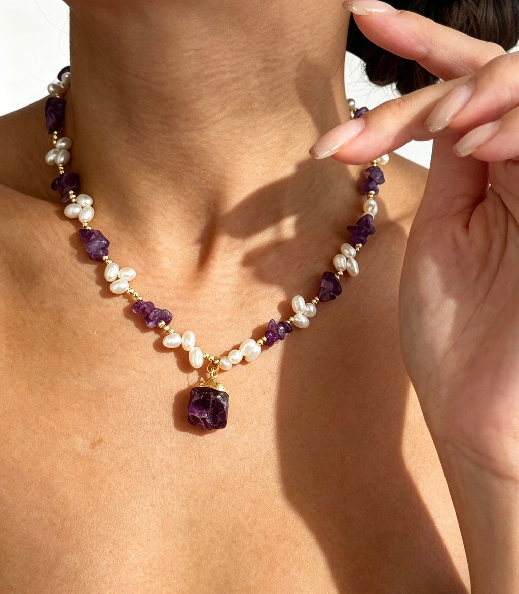 14K Gold Plated Raw Amethyst &amp; Freshwater Pearl Necklace | Handmade