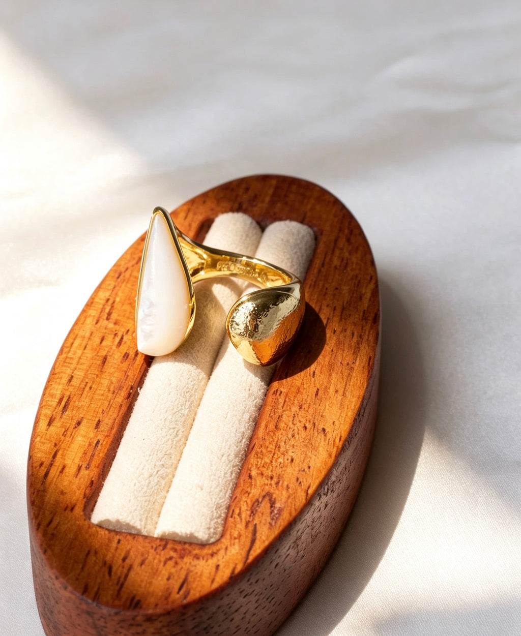 14K Gold Plated Mother of Pearl Open Ring | Sculptural Design