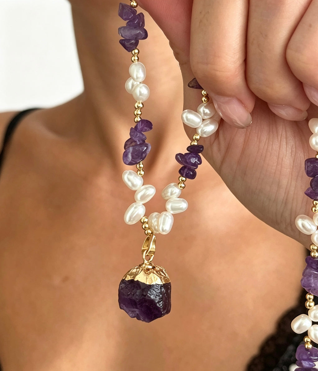 14K Gold Plated Raw Amethyst &amp; Freshwater Pearl Necklace | Handmade