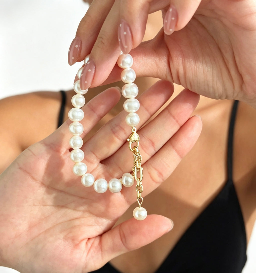Pearl Bracelet | 8mm Natural Freshwater Pearls, 14K Gold Plated