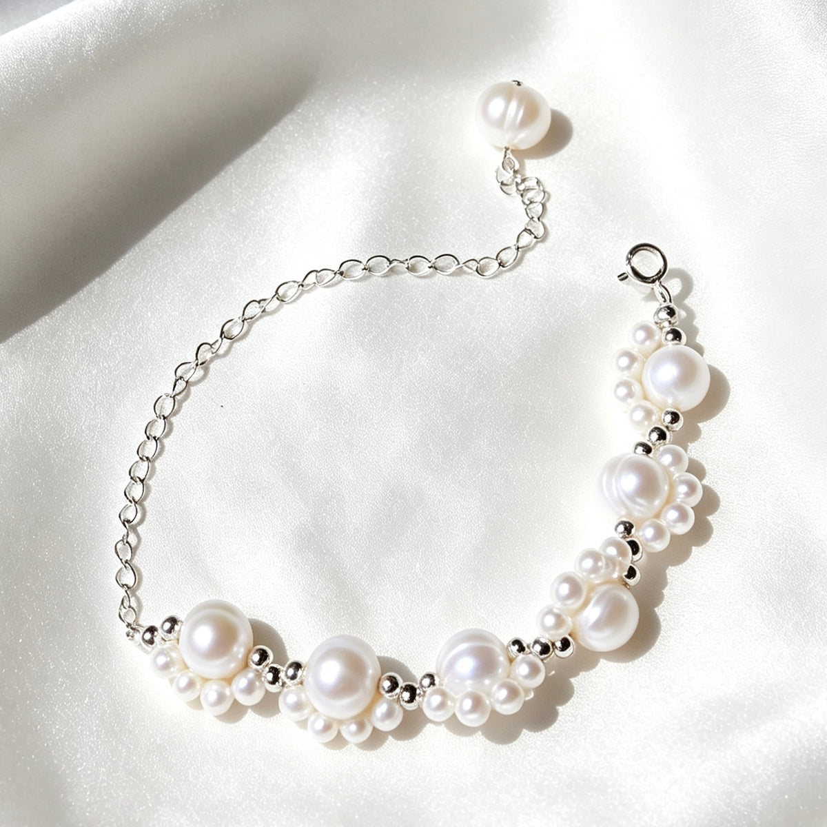 Pulsera de perlas de encaje | Perlas de agua dulce de 4 mm y 8 mm, plata