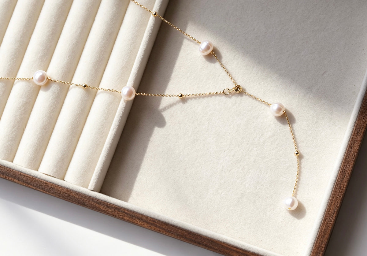 Dainty Pearl Station Necklace | 8mm Freshwater Pearls & 14K Gold Accents
