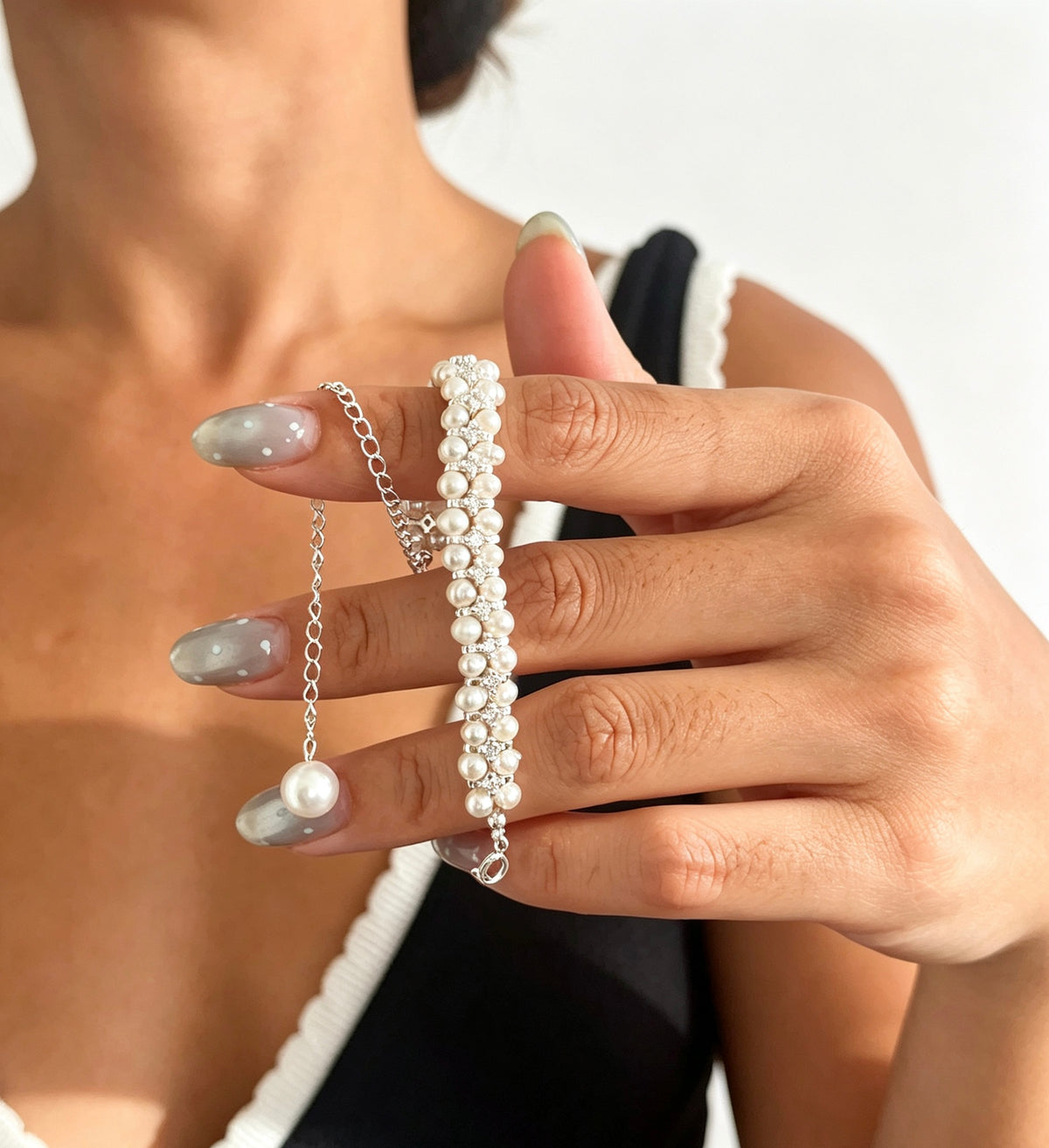 CZ Double Strand Pearl Bracelet | 4mm Freshwater Pearls, Silver