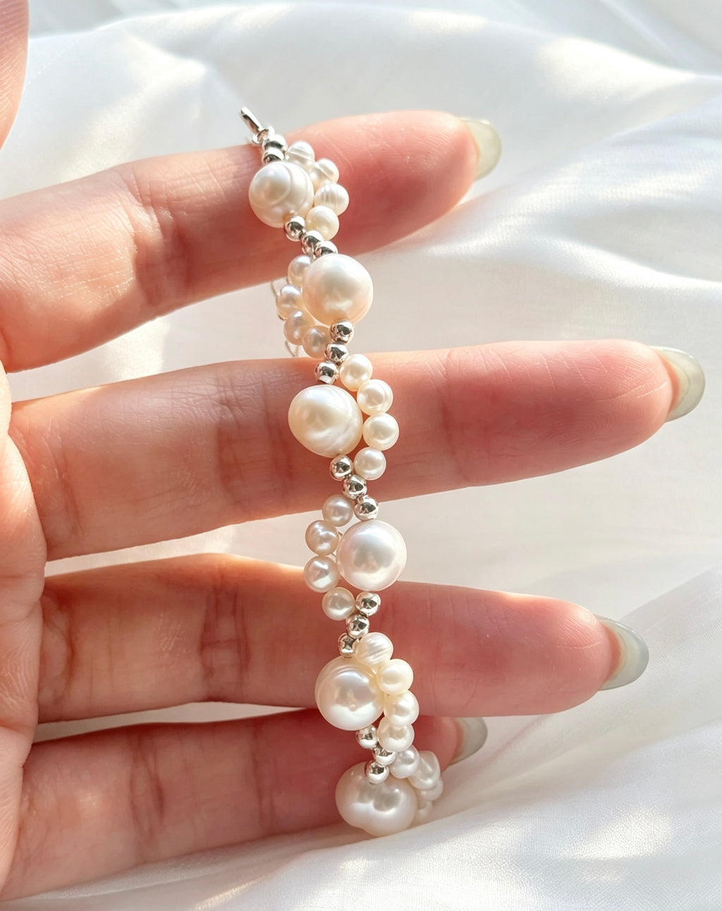 Pulsera de perlas de encaje | Perlas de agua dulce de 4 mm y 8 mm, plata