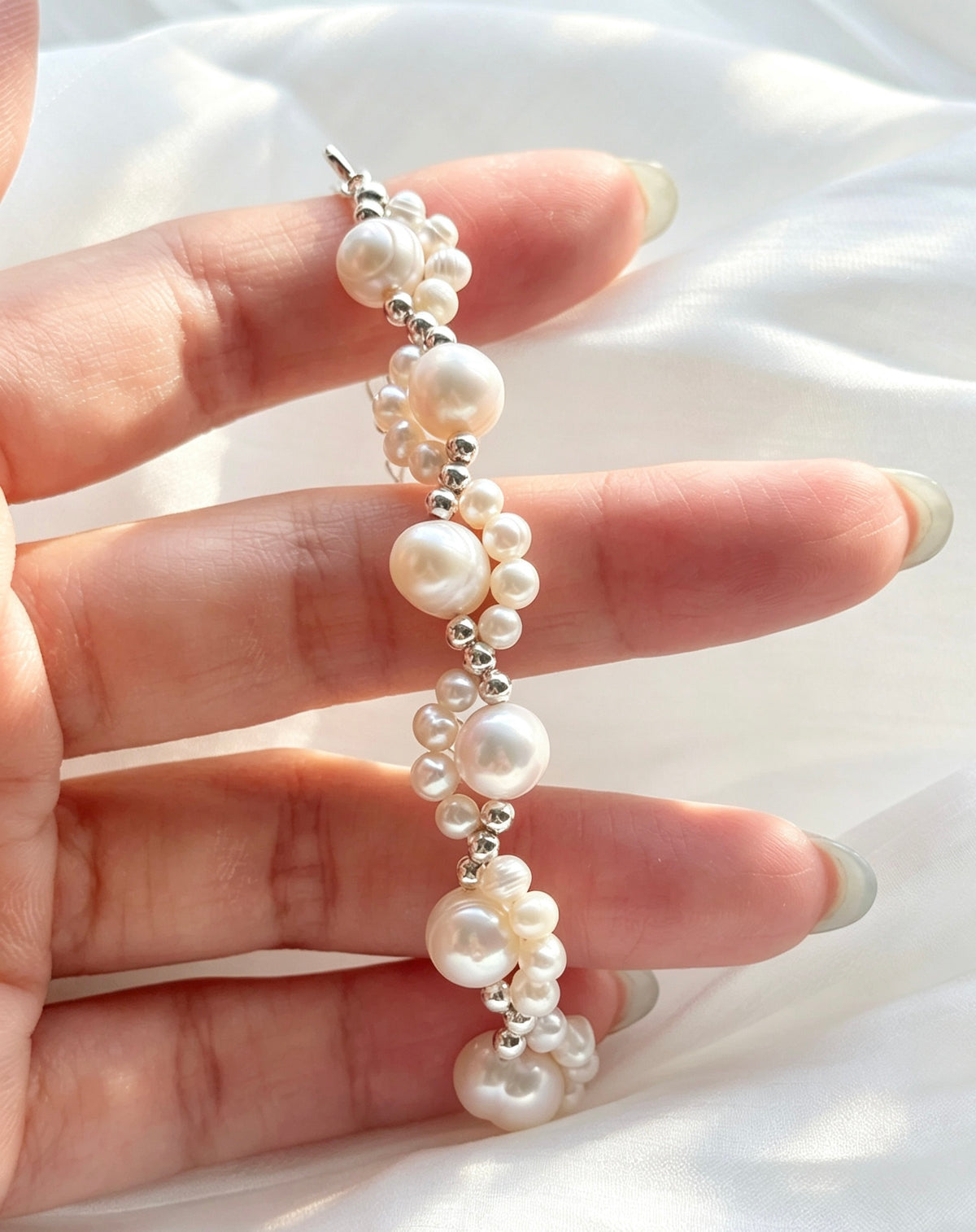 Pulsera de perlas de encaje | Perlas de agua dulce de 4 mm y 8 mm, plata