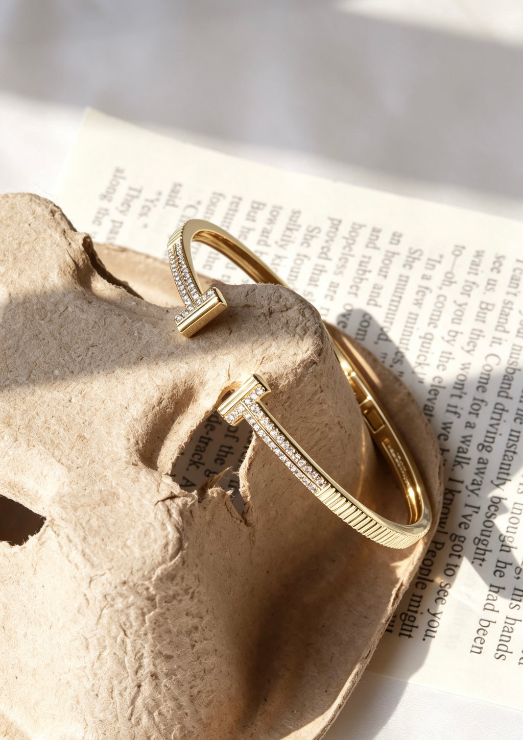 14K Gold Plated Double T Pave Zircon Bangle | Hinged Cuff