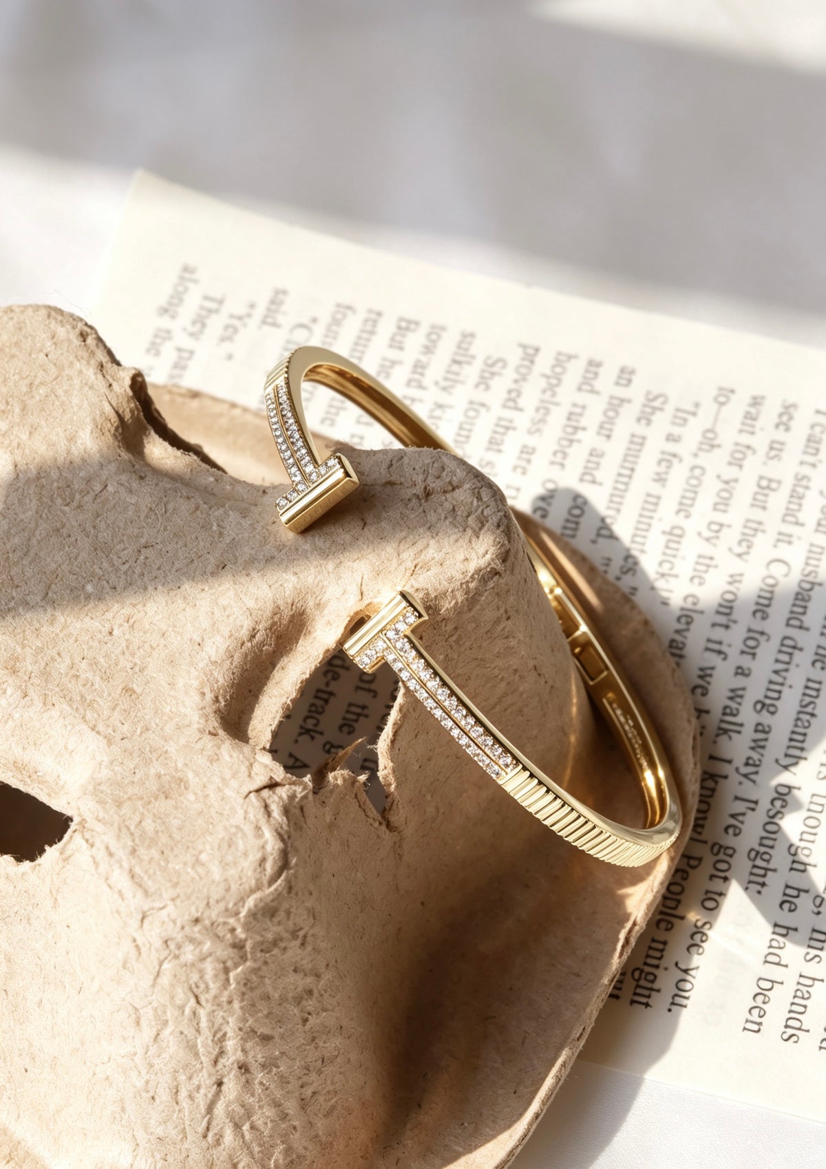 14K Gold Plated Double T Pave Zircon Bangle | Hinged Cuff