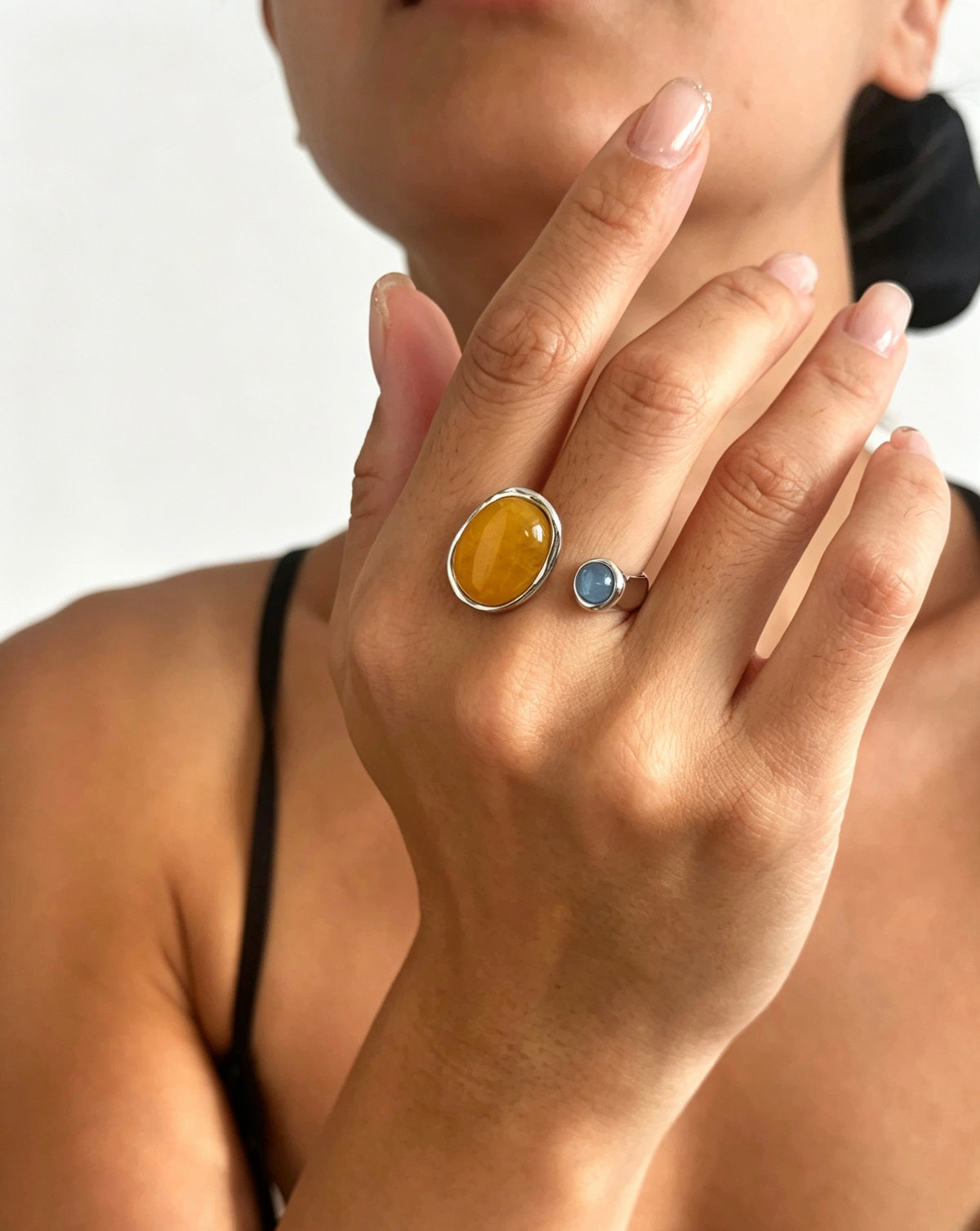 Silver Plated Citrine & Blue Topaz Open Ring | Sculptural Design