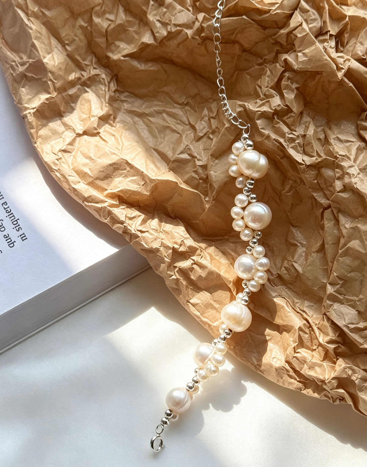 Pulsera de perlas de encaje | Perlas de agua dulce de 4 mm y 8 mm, plata