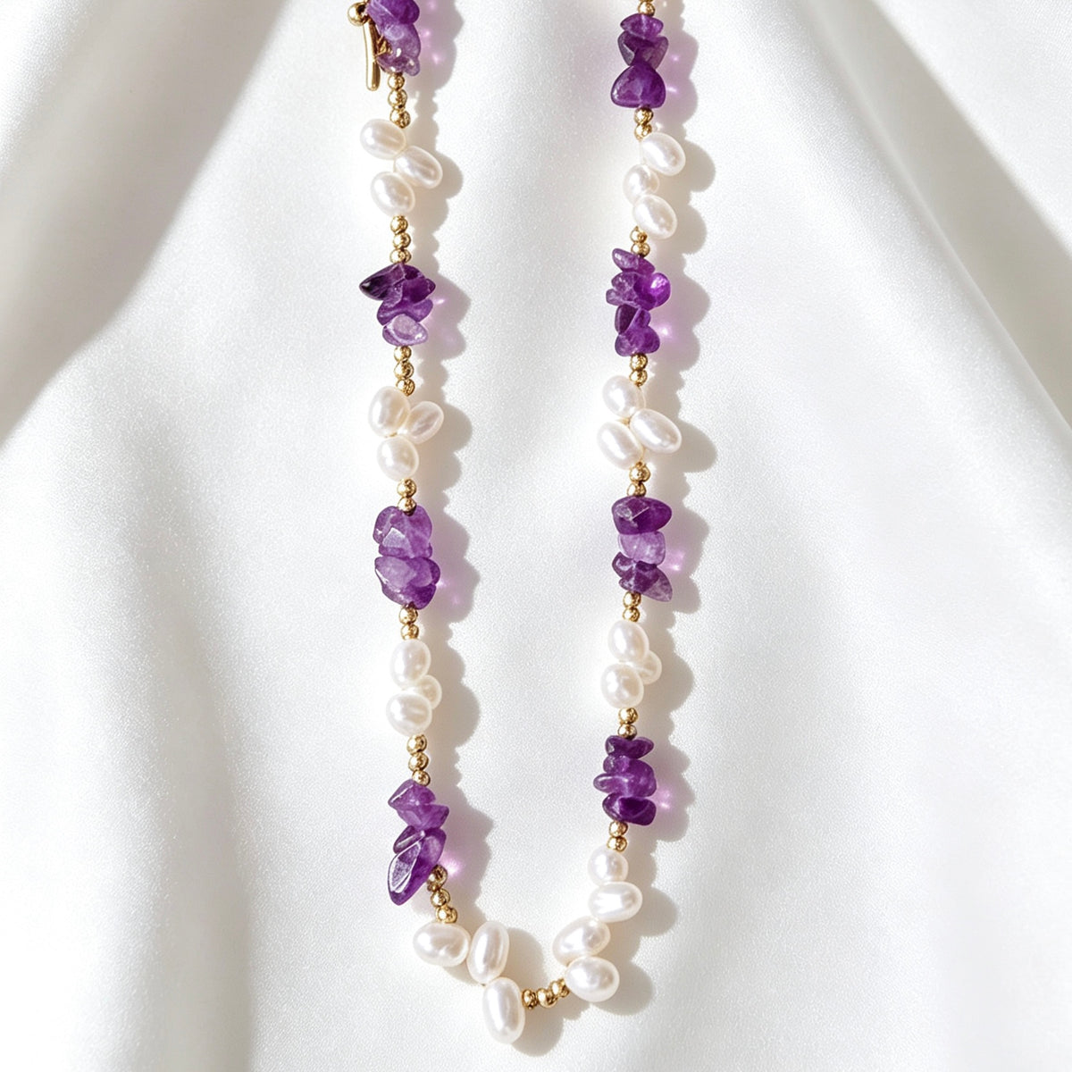 14K Gold Plated Raw Amethyst & Freshwater Pearl Necklace | Handmade