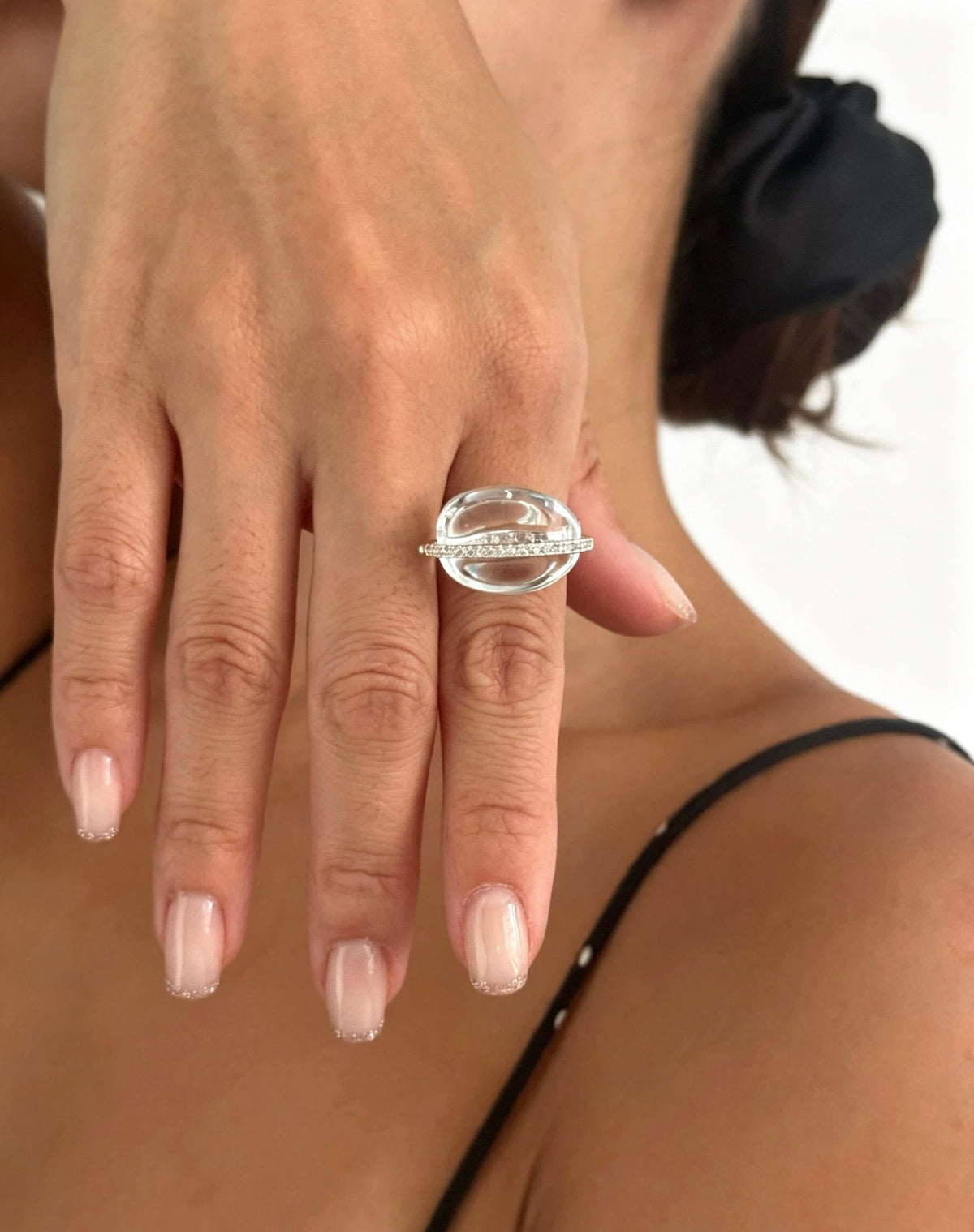 Anillo Abierto de Cristal Pavé | Cobre Bañado en Plata 15×20mm