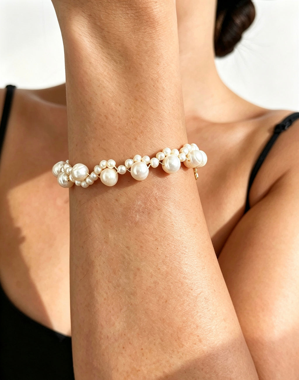 Pulsera de perlas de encaje | Perlas de agua dulce de 4 mm y 8 mm, oro