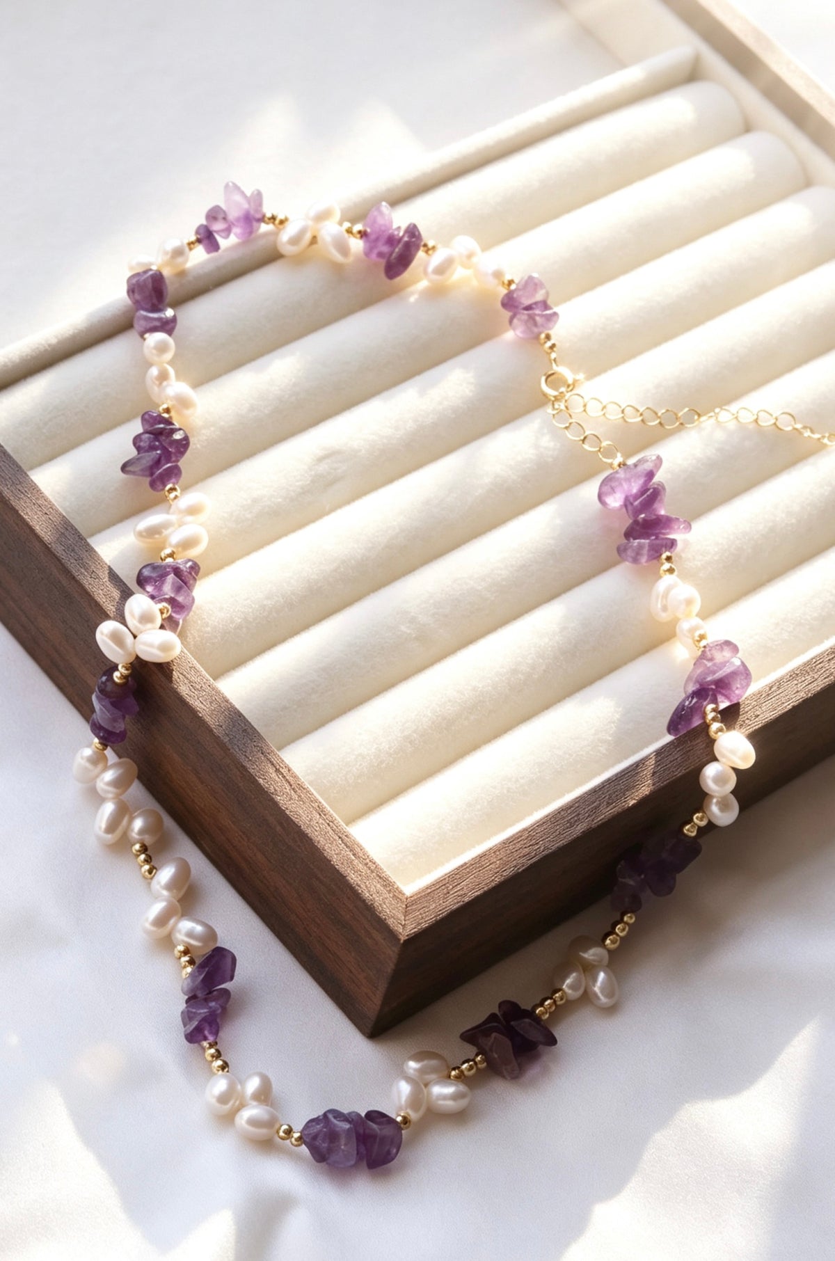 14K Gold Plated Raw Amethyst & Freshwater Pearl Necklace | Handmade